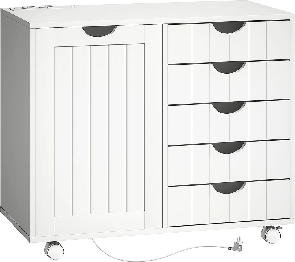 HOMCOM Móvel para Impressora com Estação de Carga e Rodas 5 Gavetas Portas USB Prateleira Ajustável Branco | Aosom Portugal