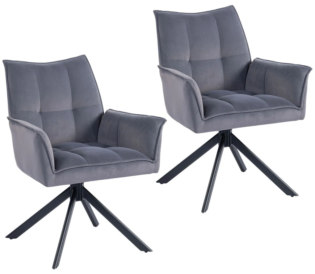 HOMCOM Conjunto de 2 Cadeiras de Refeição Giratórias 360° Estofado Estofamento em Veludo Pés em Aço 63x64x85 cm Cinza | Aosom Portugal