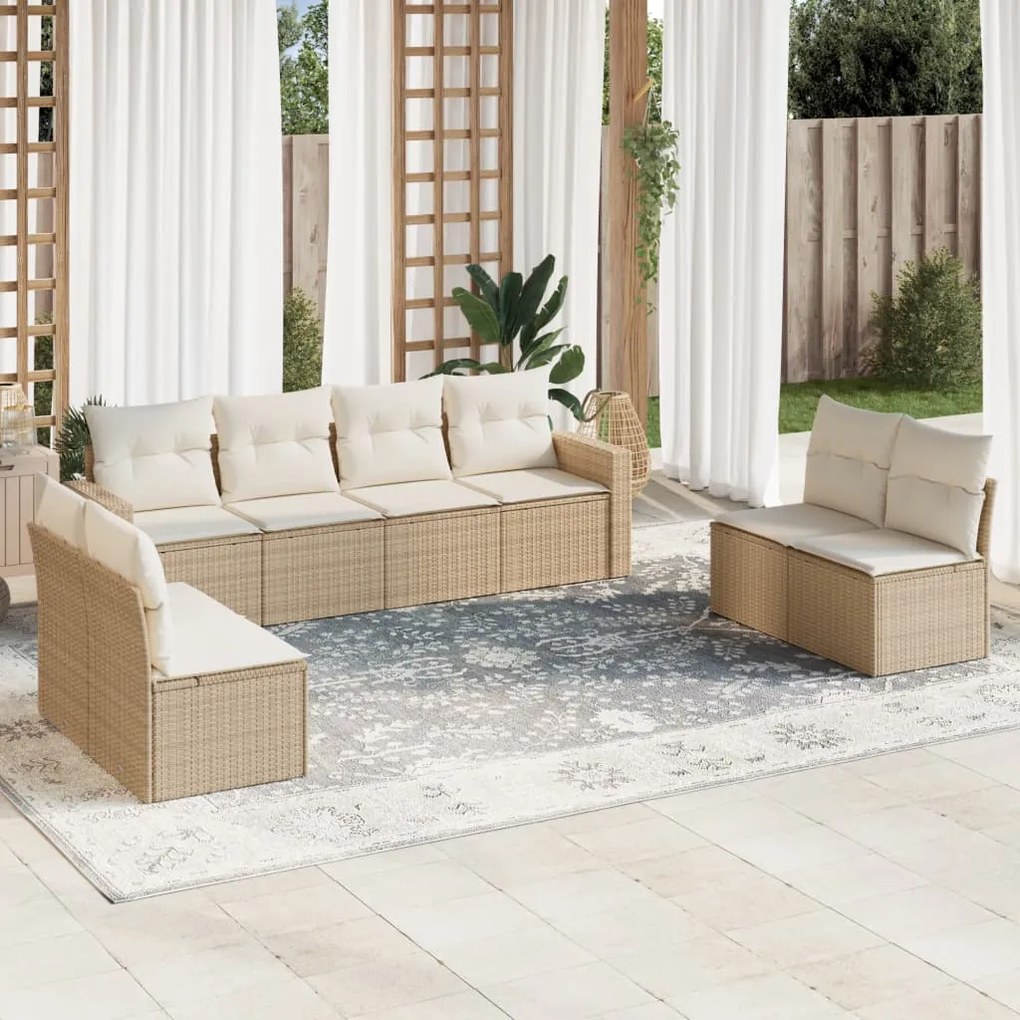8 pcs conjunto de sofás p/ jardim com almofadões vime PE bege