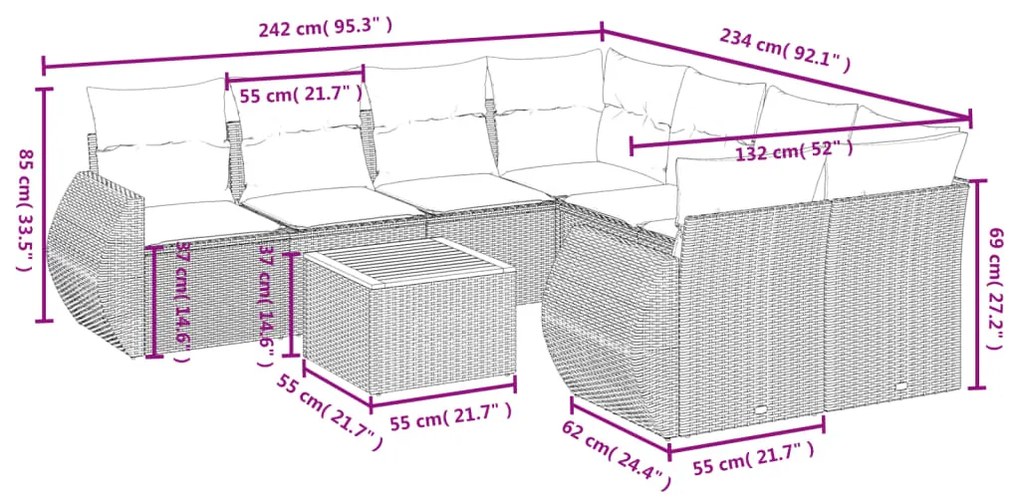 9 pcs conjunto de sofás p/ jardim com almofadões vime PE bege