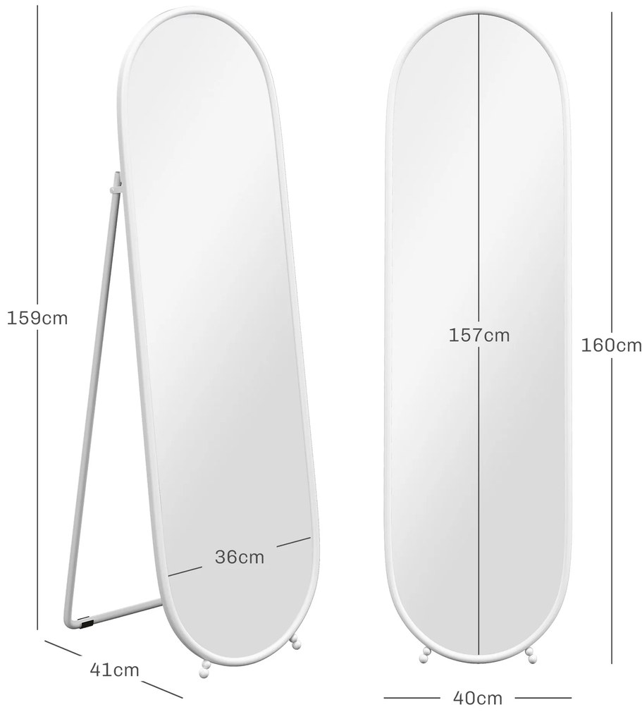 Espelho de Pé Oval 160x40 cm Espelho de Corpo Inteiro com Moldura Metálica Suporte e 2 Formas de Utilização Branco