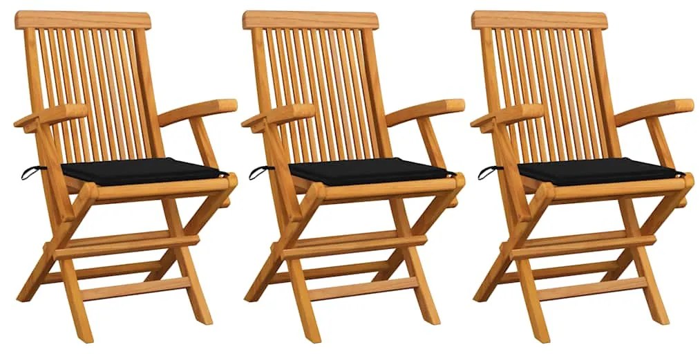 Cadeiras de jardim c/ almofadões pretos 3 pcs teca maciça