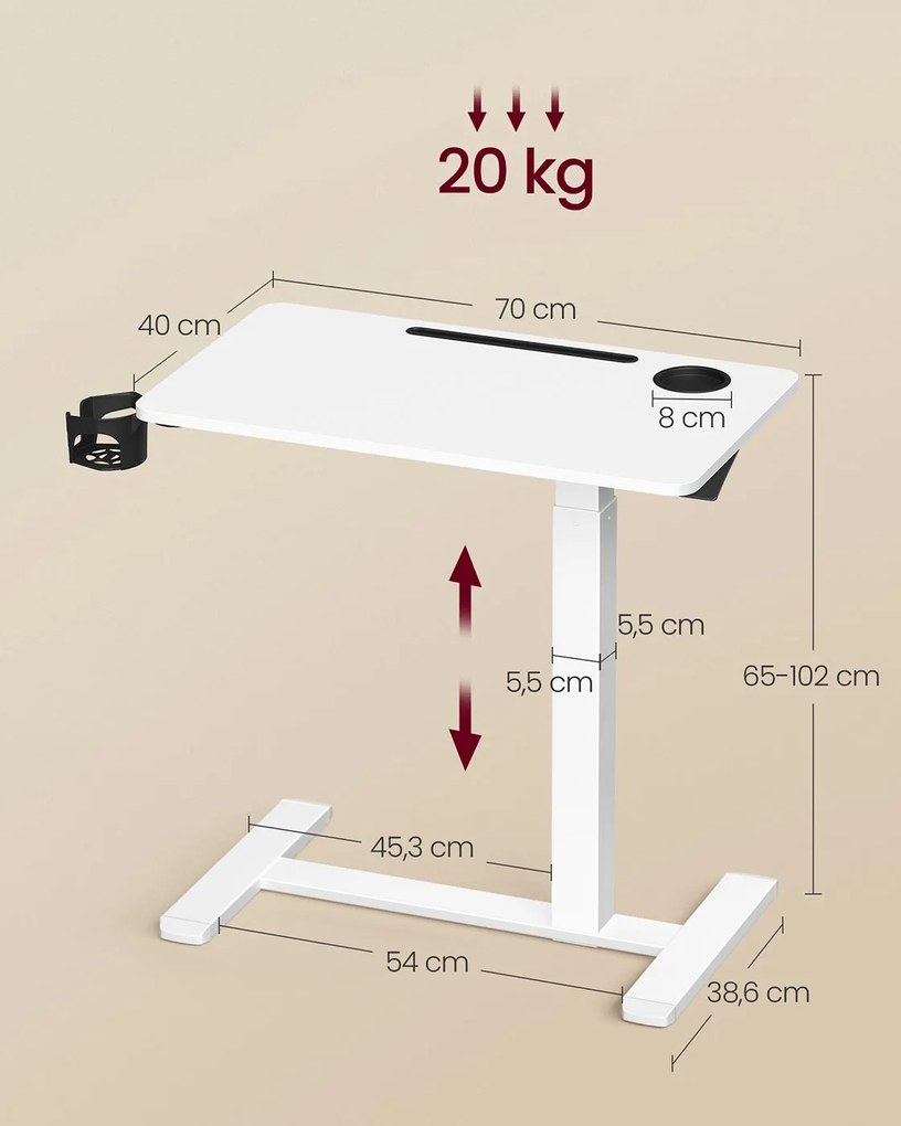 Mesa auxiliar móvel com altura ajustável e rodas 70 x 40 x 65-102 cm Branco