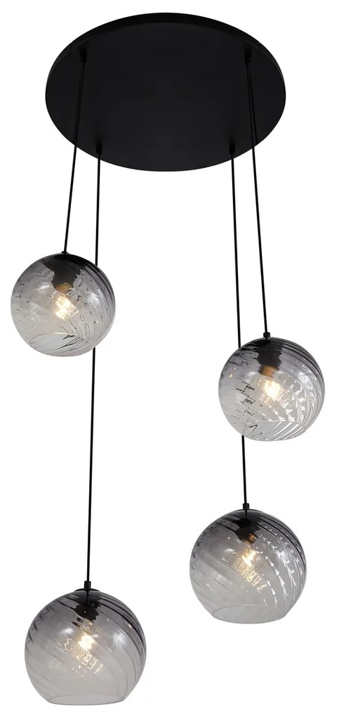 Candeeiro suspenso Art Deco preto com vidro fumado redondo 4 luzes - Bao Art Deco