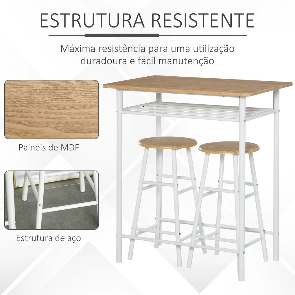 HOMCOM Conjunto de Móvel Bar Conjunto de Mesa Alta e 2 Bancos com Prateleira de Armazenamento e Estrutura de Metal para Cozinha Sala de Jantar 80x50x90cm Branco e Madeira
