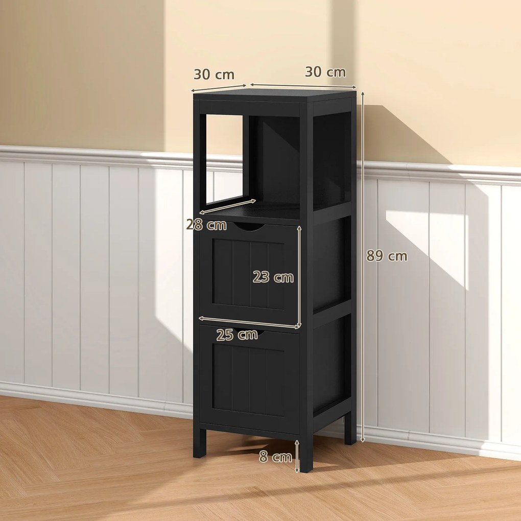 Armário para casa de banho com gavetas de arrumação 30 x 30 x 89 cm, com 2 gavetas extraíveis, lateral estreita,  preto