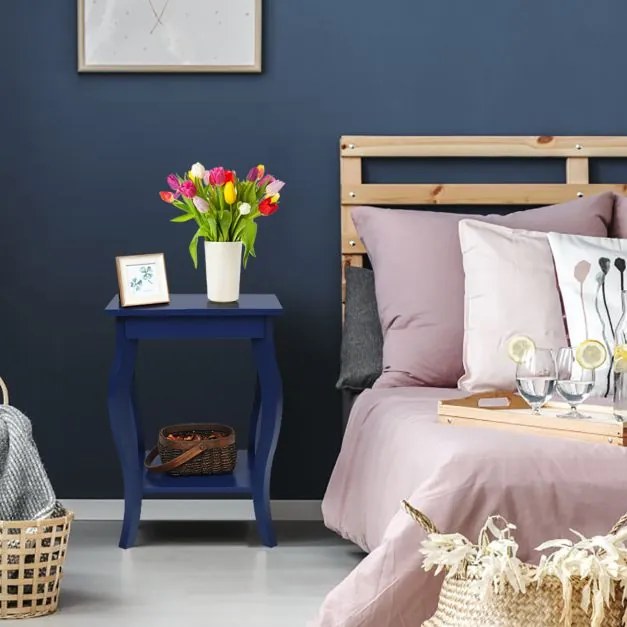 Conjunto de 2 mesas-de-cabeceira com 2 níveis e pernas curvas Mesas de cabeceira para quarto, sala de estar e quarto familiar 40 x 40 x 60 cm Azul