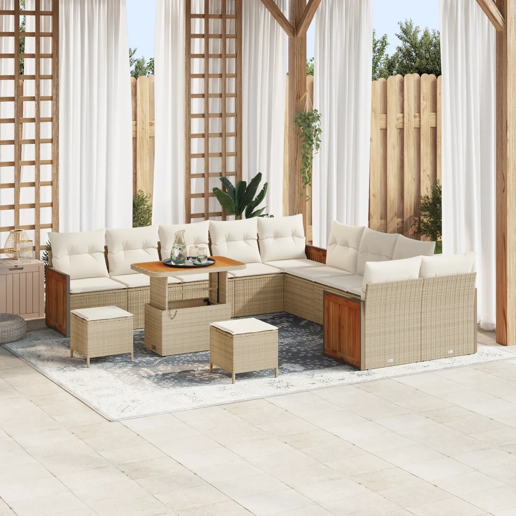 Conjunto de Sofá de Jardim vidaXL 13 Peças com Almofadas em Bege Rattan Acácia