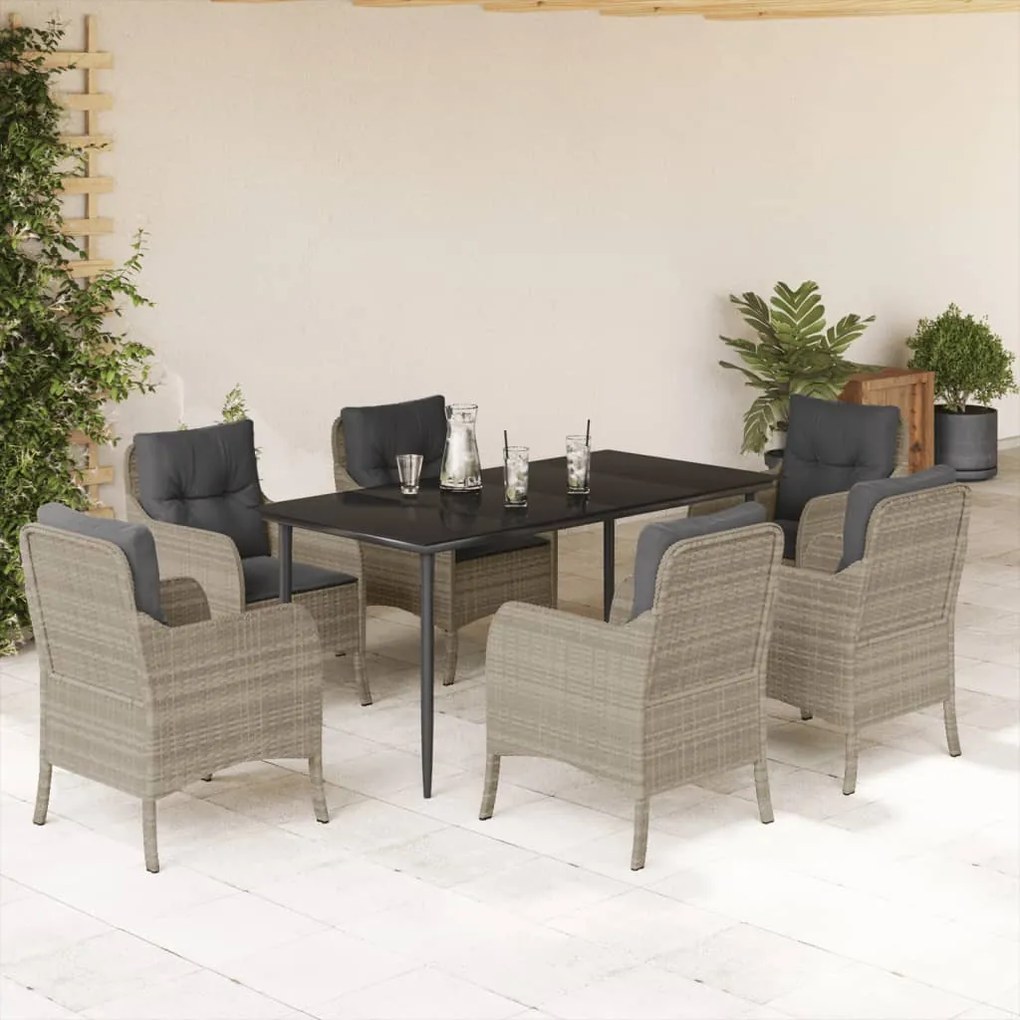 vidaXL 7 pcs conj. jantar p/ jardim c/ almofadões vime PE cinza-claro