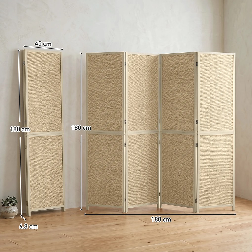 Biombo de Interior de 4 Painéis, 180 x 1,7 x 180 cm, Entrançado à Mão, cor Madeira Natural
