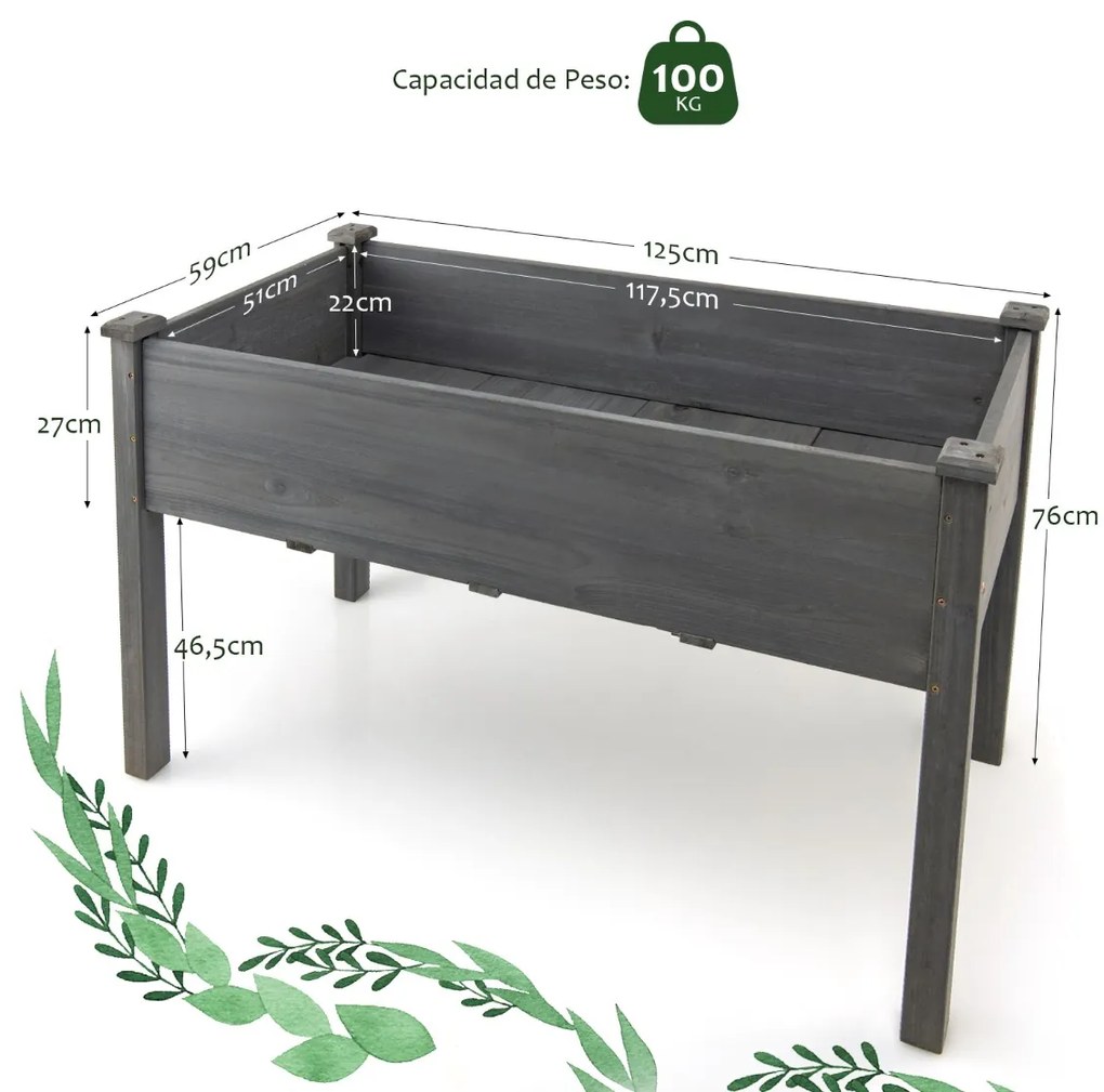 Floreira elevado para flores, plantas e cultivo para jardim, exterior ou varanda 125 x 59 x 76 cm cinza