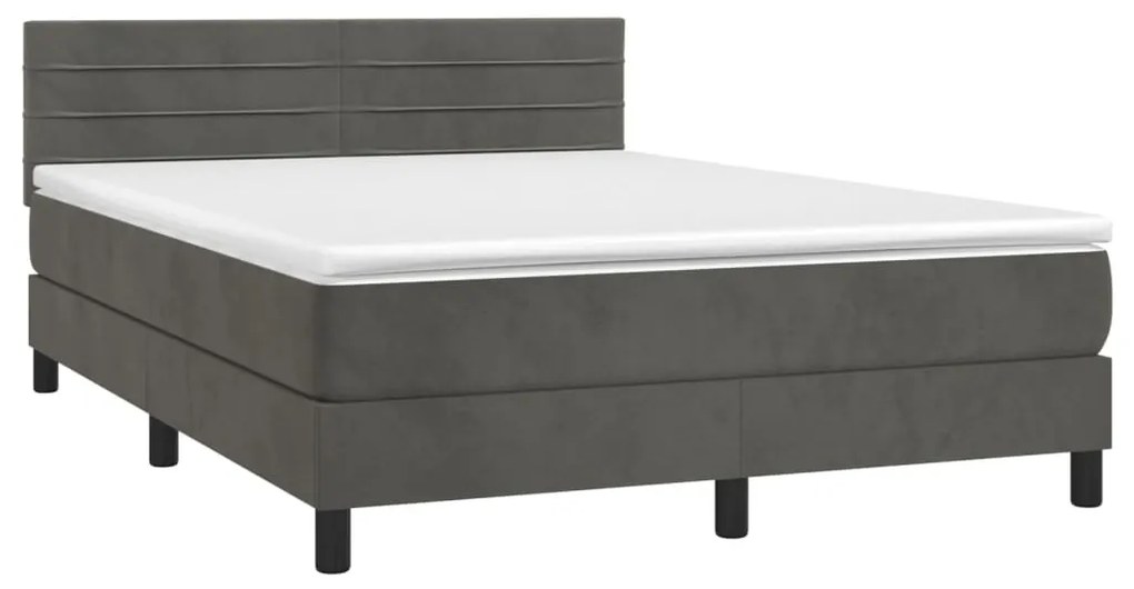 Cama box spring c/ colchão/LED 140x190cm veludo cinzento-escuro