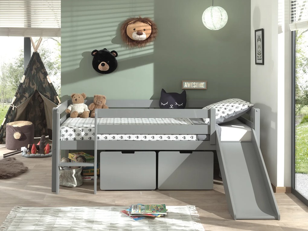 Conjunto Cama alta de Criança PINO 90 x 200 cm + estrado + escada + escorrega + conjunto de 2 gavetas Cinzenta