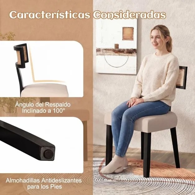 Conjunto de 2 cadeiras de jantar em madeira de borracha, com assento estofado, encosto largo e rattan; para sala de estar, quarto ou restaurante; pret