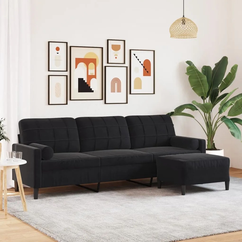 Sofá de 3 lugares com apoio de pés 210 cm veludo preto