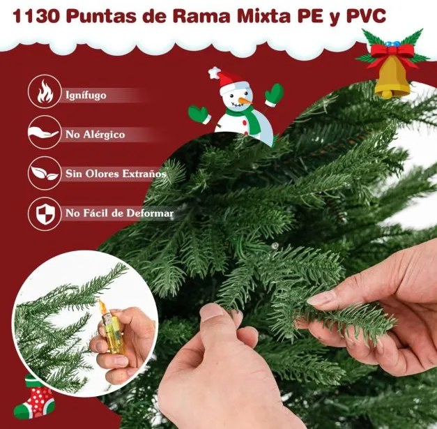 Árvore de Natal Artificial com 380 Luzes LED Brancas Quentes e 8 Modos de Luz 135 x 55 x 213 cm Verde