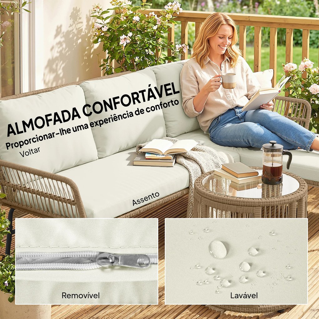 Conjunto de Móveis de Jardim Exterior em Ratã com Sofá de 2 Lugares Chaise Longue Almofadas e Mesa Creme