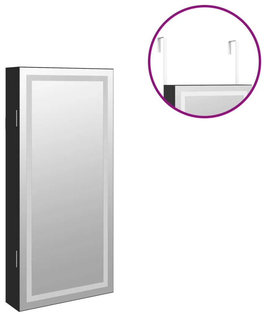 Móvel para joias de parede espelhado com luzes LED preto