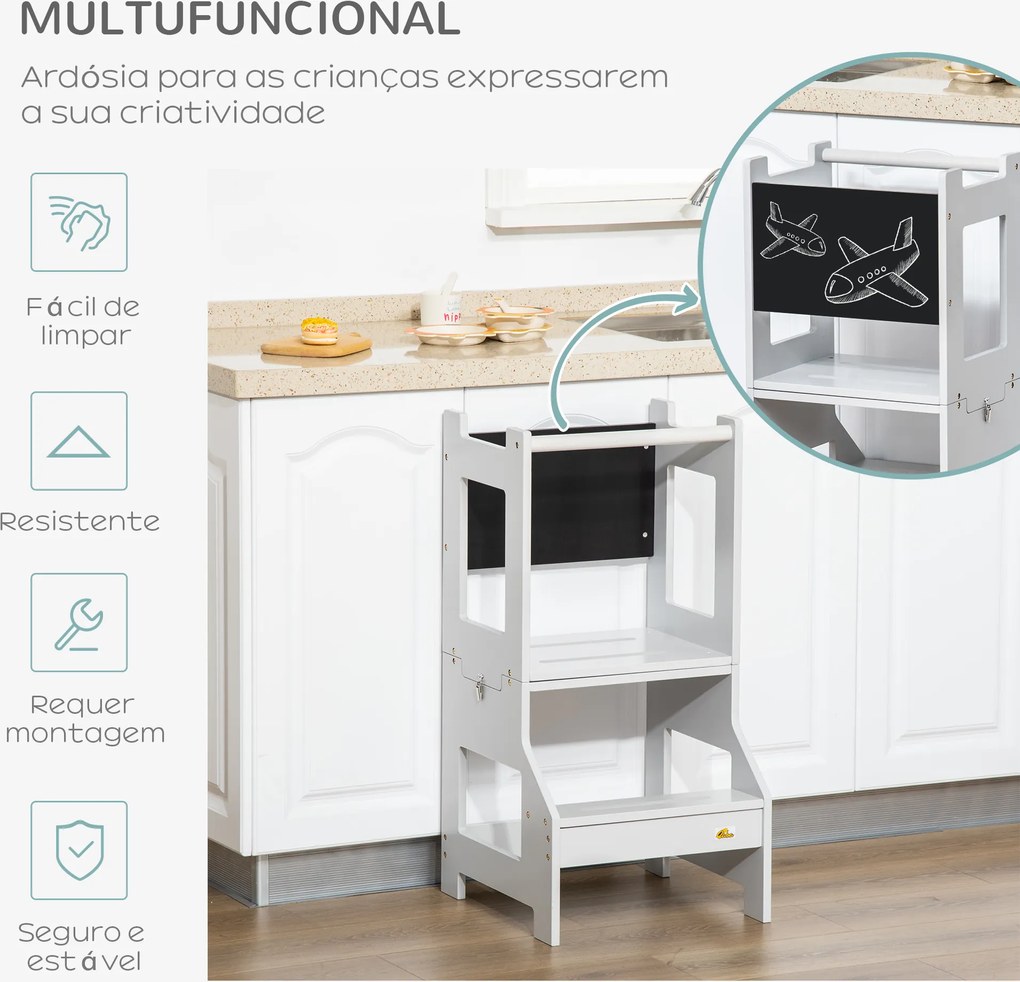 Torre de Aprendizagem para Crianças de Madeira Convertível em Secretária com Ardósia e Barra de Segurança 42x44x86 cm Cinza