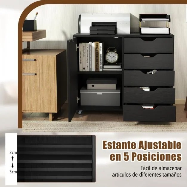 Arquivo escritório 78 x 40 x 65 cm com 5 gavetas com 4 rodas giratórias Preto