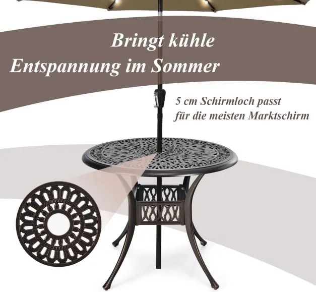Mesa de jardim redonda  com orifício para guarda-sol Ø 90 cm, em alumínio fundido