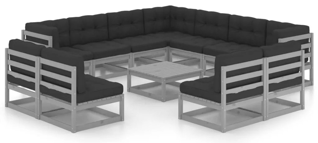12pcs conjunto lounge de jardim + almofadões pinho maciço cinza