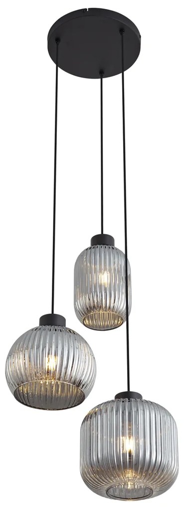 Candeeiro suspenso de design preto com vidro fumado e 3 luzes - Ana Design