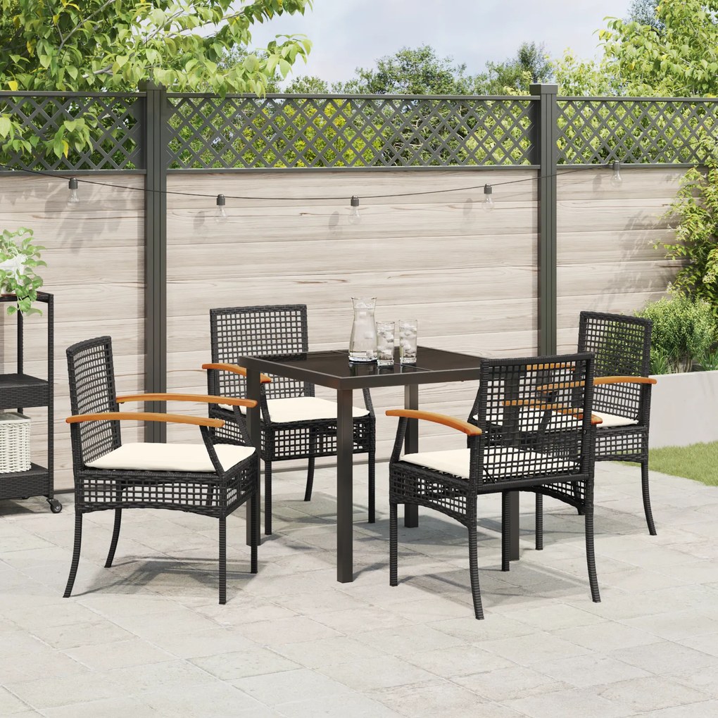 Conjunto de Jantar de Jardim 5 Peças com Almofadas Preto Vime PE