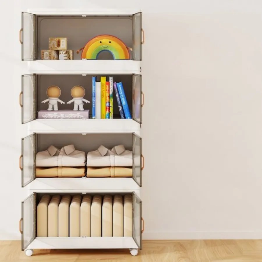 4 Caixas de armazenamento 284 L com tampa empilháveis com rodas e portas Organizador dobrável para quarto Branco