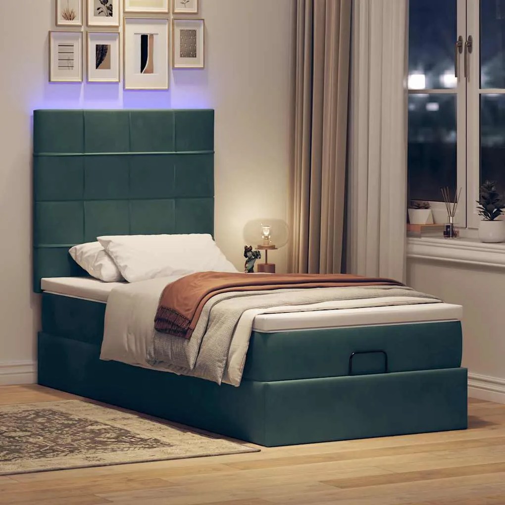 Estrutura de cama otomana colchões 90x200cm veludo verde escuro