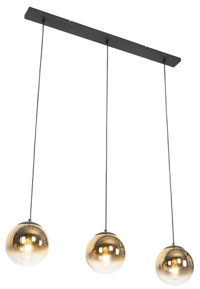 Candeeiro de suspensão Art Deco preto com vidro dourado oblongo 3 luzes - Pallon