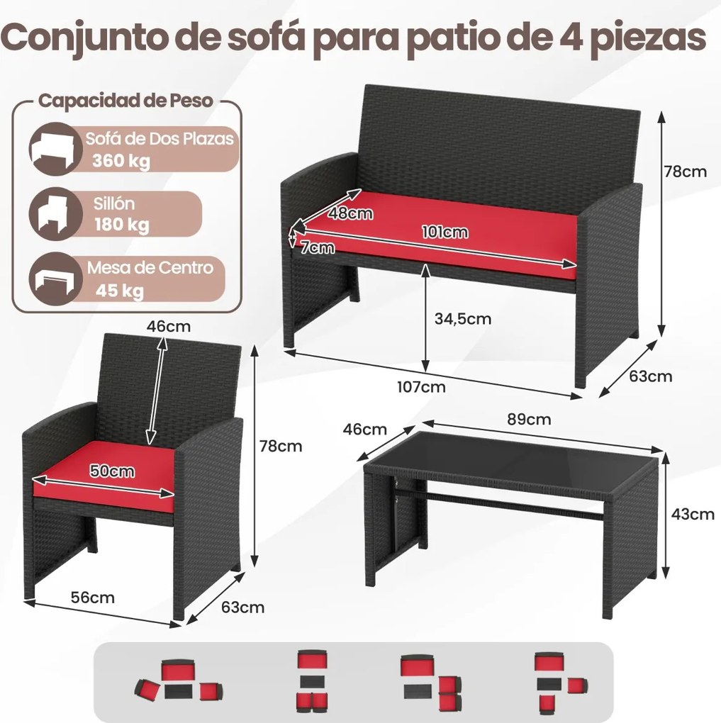 Conjunto de jardim em rattan com 4 peças: sofás de 2 lugares, mesa de vidro temperado e almofadas para exterior, varanda ou piscina, Preto+vermelho