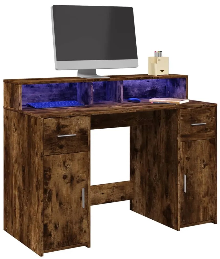vidaXL Secretária luzes LED 120x55x91cm deriv. madeira carvalho fumado