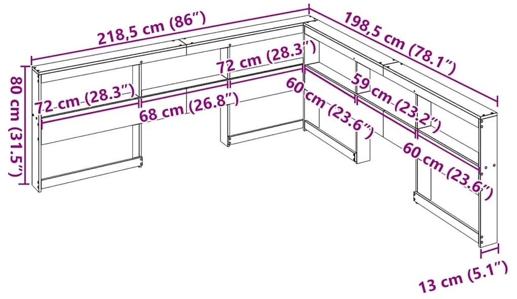 Estante cabeceira forma de L 180 cm pinho maciço castanho-mel