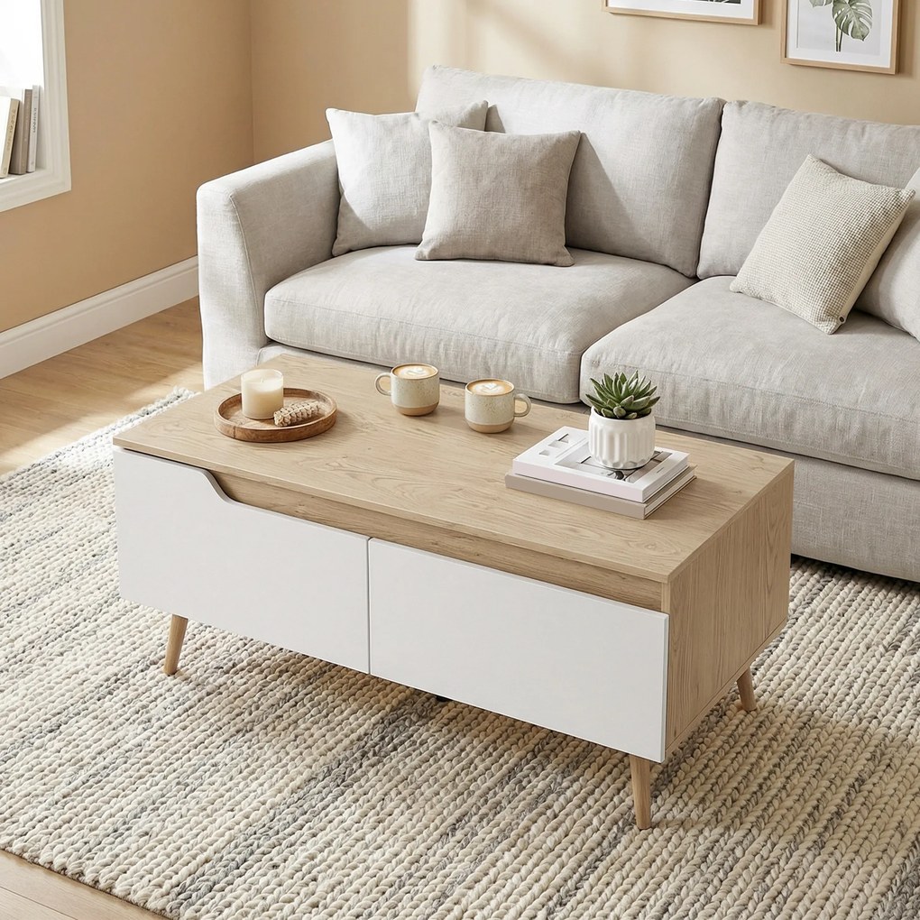 Mesa de Centro com 2 Gavetões e Pés de Madeira de Borracha 100x50x46 cm Carvalho