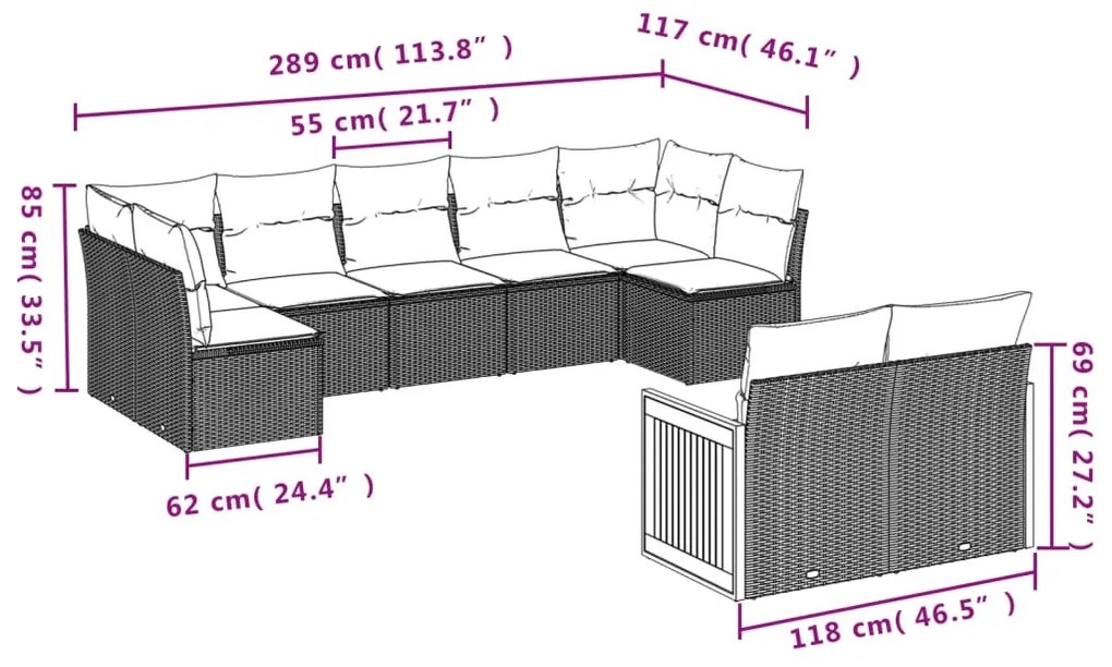 9 pcs conjunto de sofás p/ jardim c/ almofadões vime PE preto