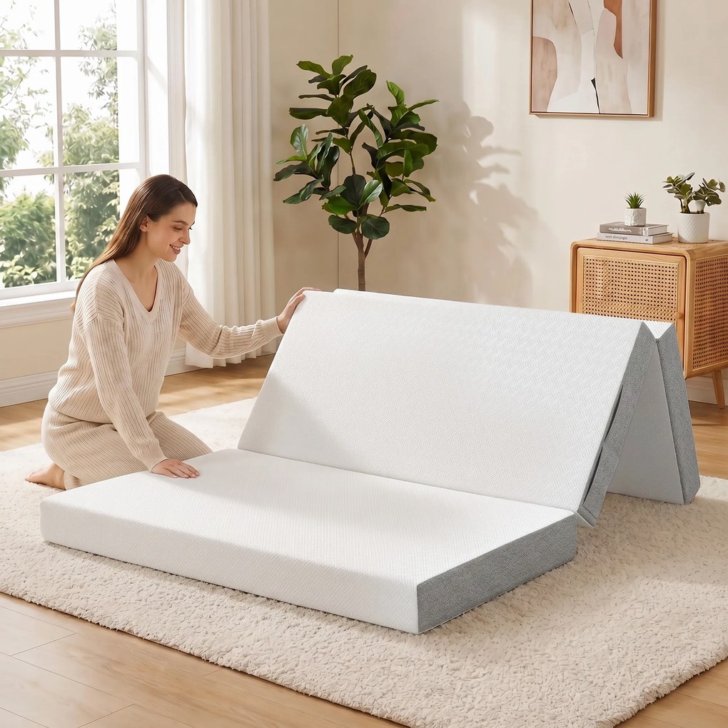 Colchão dobrável em 3 partes, 140 x 190 x 15 cm, colchão auxiliar de espuma com memória de forma e gel, branco