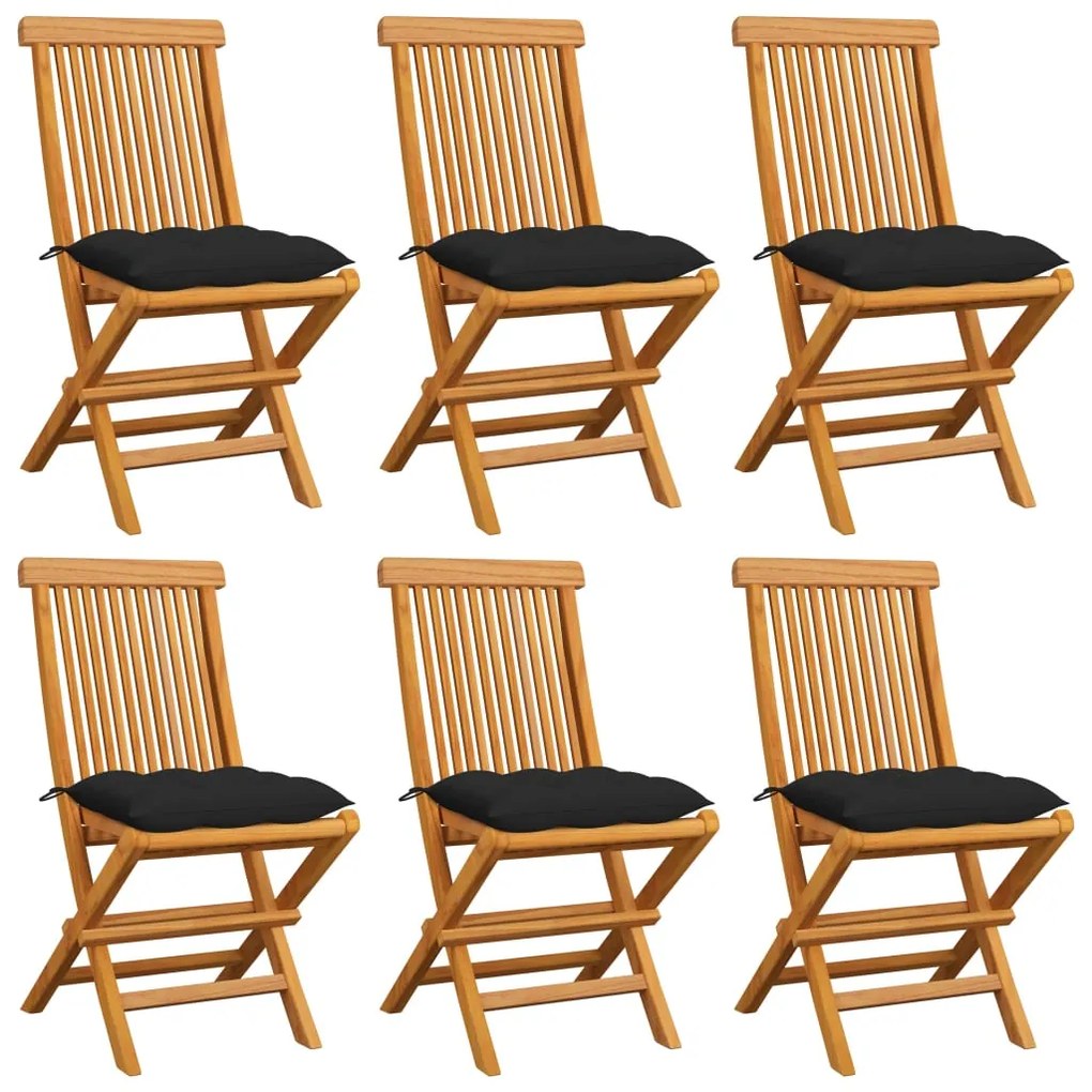vidaXL Cadeiras de jardim c/ almofadões pretos 6 pcs teca maciça