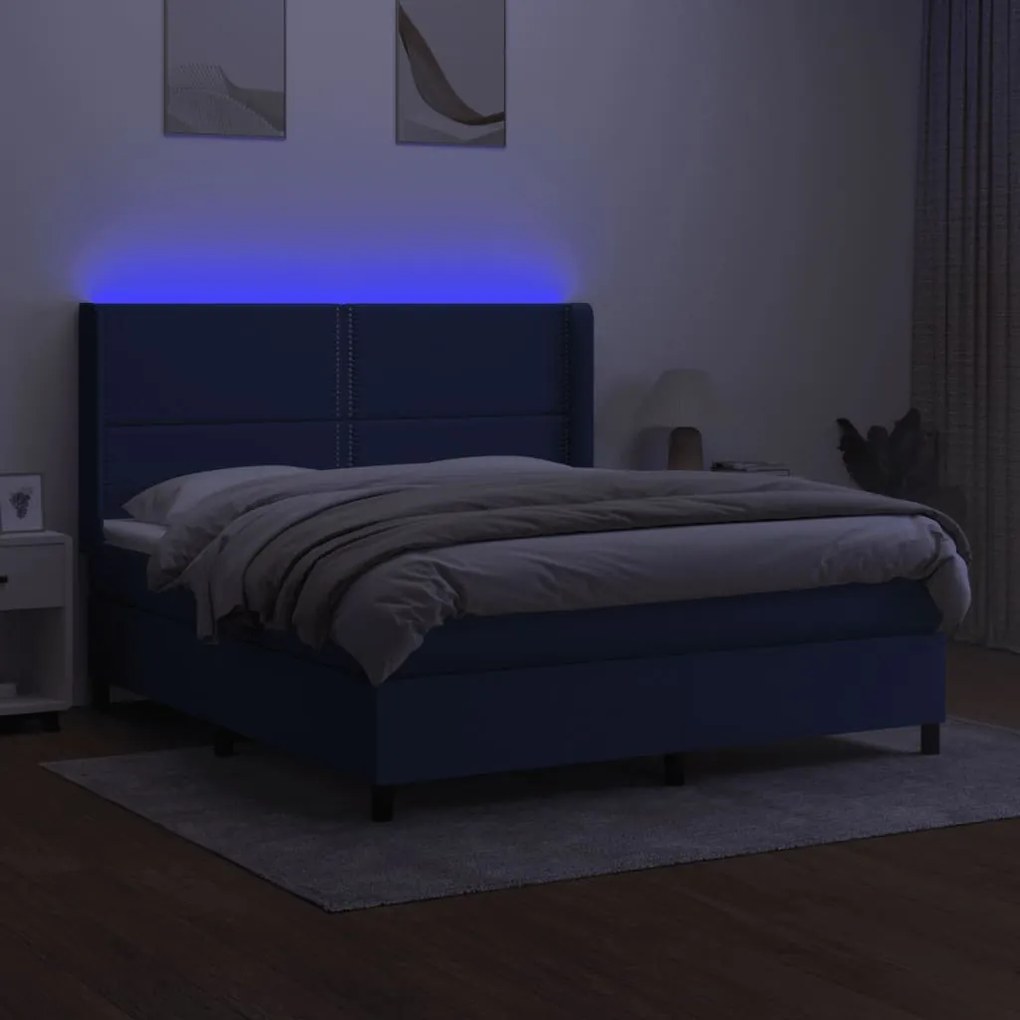 Cama box spring c/ colchão e LED 160x200 cm tecido azul