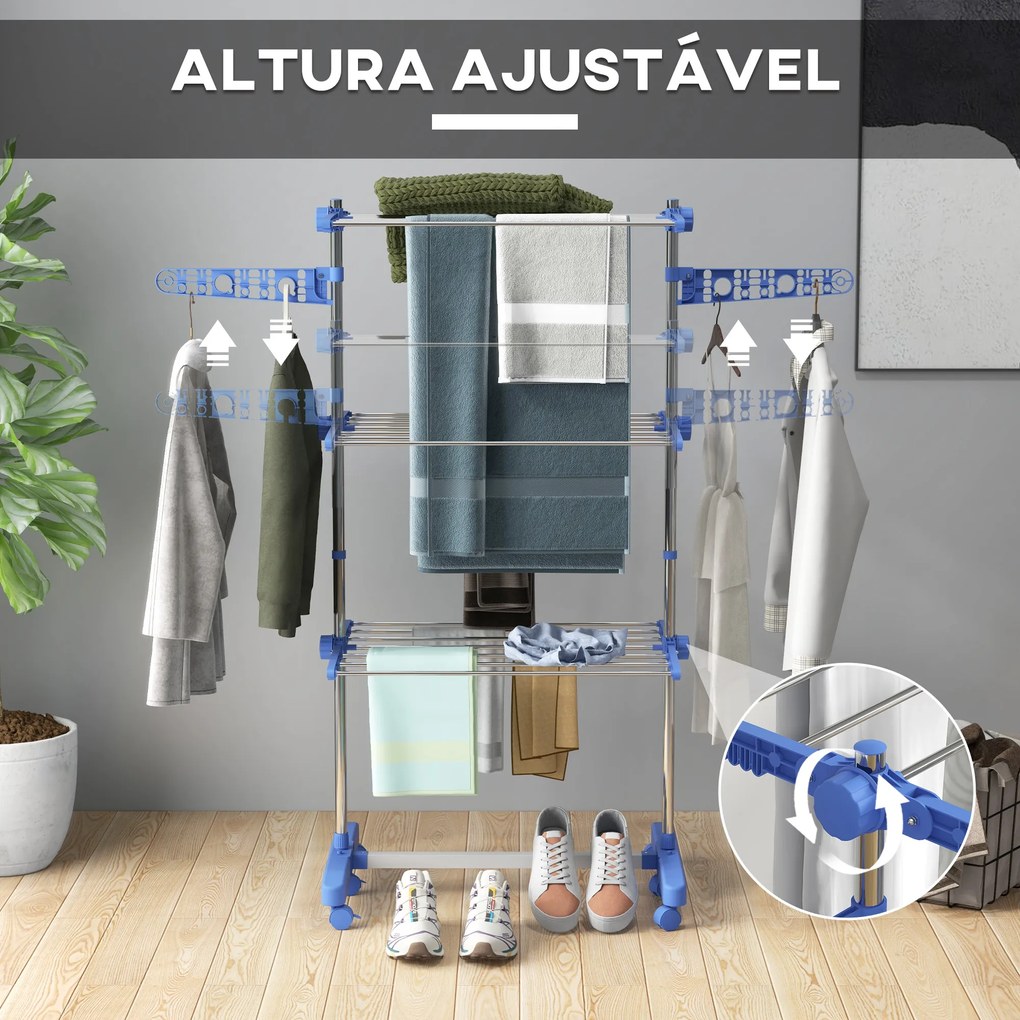 Estendal para Roupa Dobrável 80x55x152cm com 6 Rodas e 3 Prateleiras com Altura Ajustável de Aço Inoxidável Prata e Azul