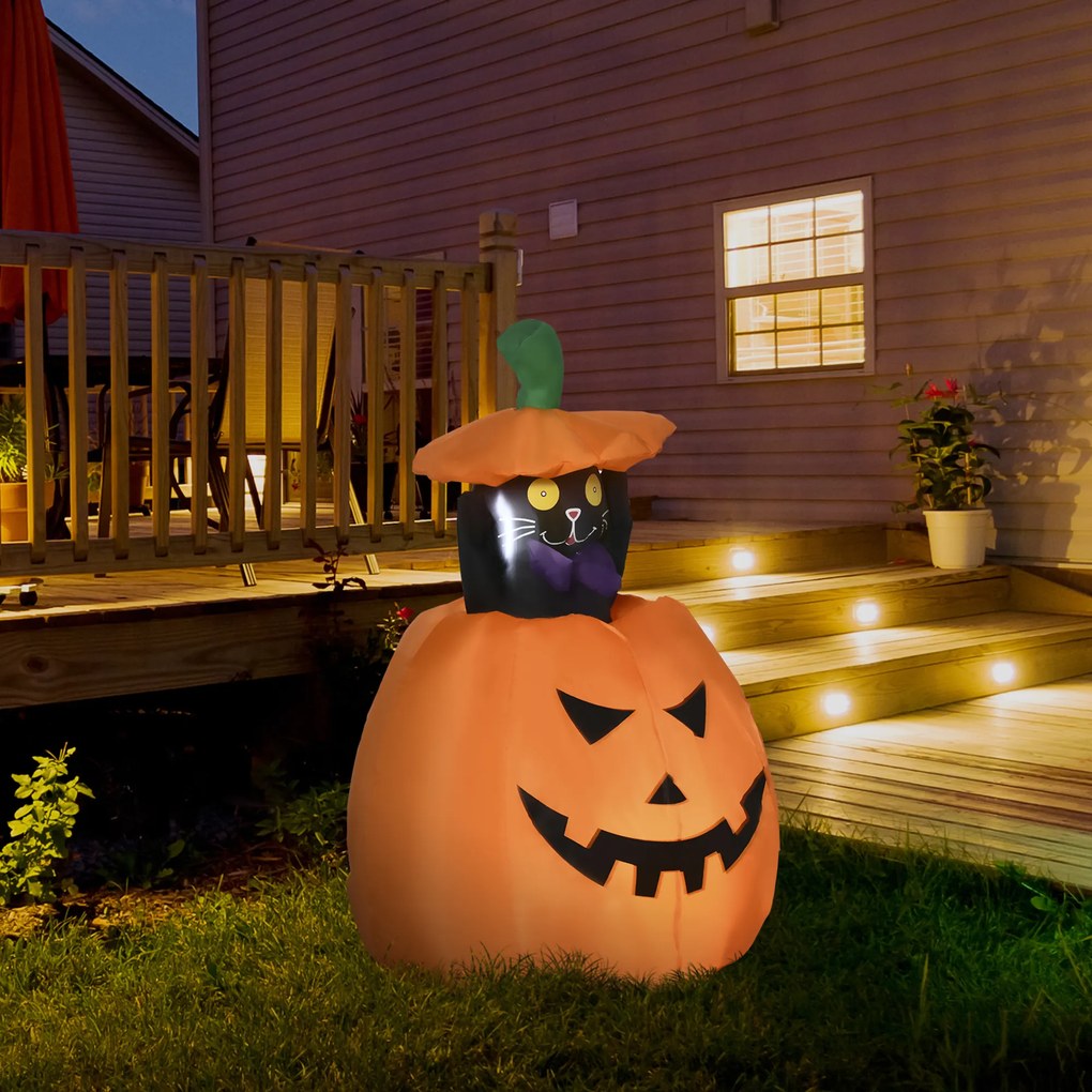 Outsunny Abóbora Insuflável de Halloween com Gato Altura 91-115cm Decoração de Halloween com Luzes LED IP44 2 Infladores para Jardim Festas Exterior 76x64x91-115cm Laranja