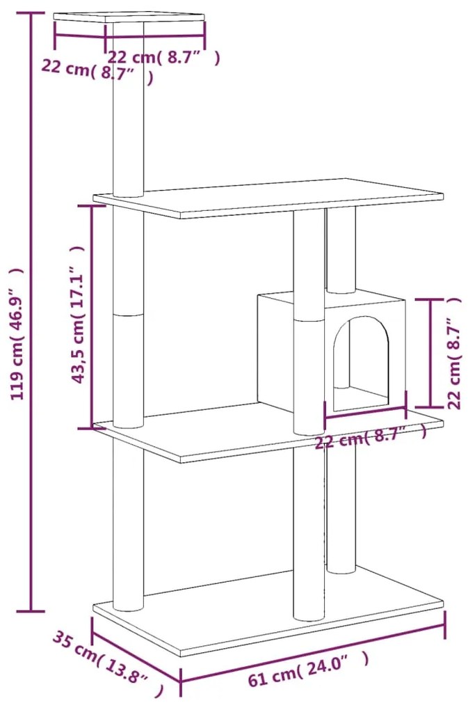 Árvore p/ gatos c/ postes arranhadores sisal 119cm cinza-escuro