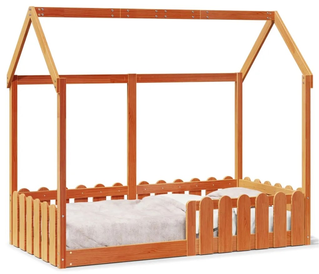 Cama infantil formato casa 80x160 cm pinho maciço castanho-mel