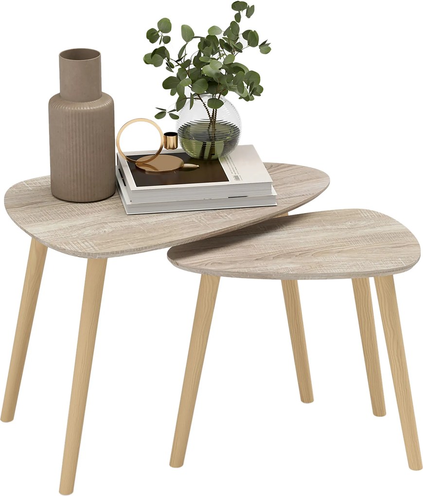 Conjunto de 2 mesas baixas encaixáveis de design escandinavo, com pés e tampo em madeira, com acabamento natural