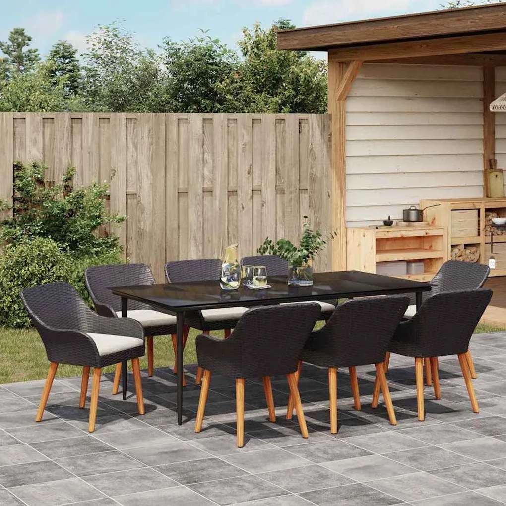 Conjunto de Jantar de 9 Peças Preto em Rattan e Poliéster