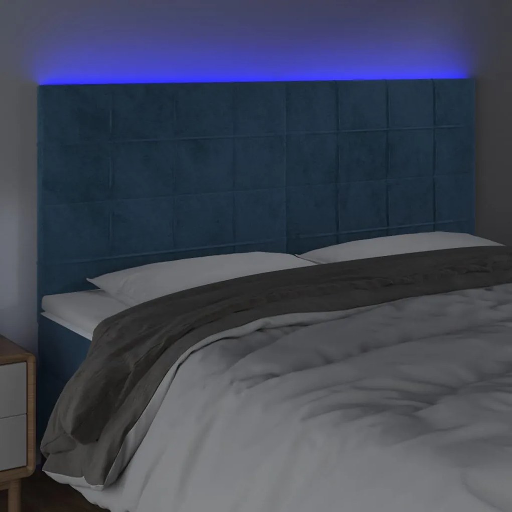 Cabeceira cama c/ luzes LED veludo 200x5x118/128cm azul-escuro