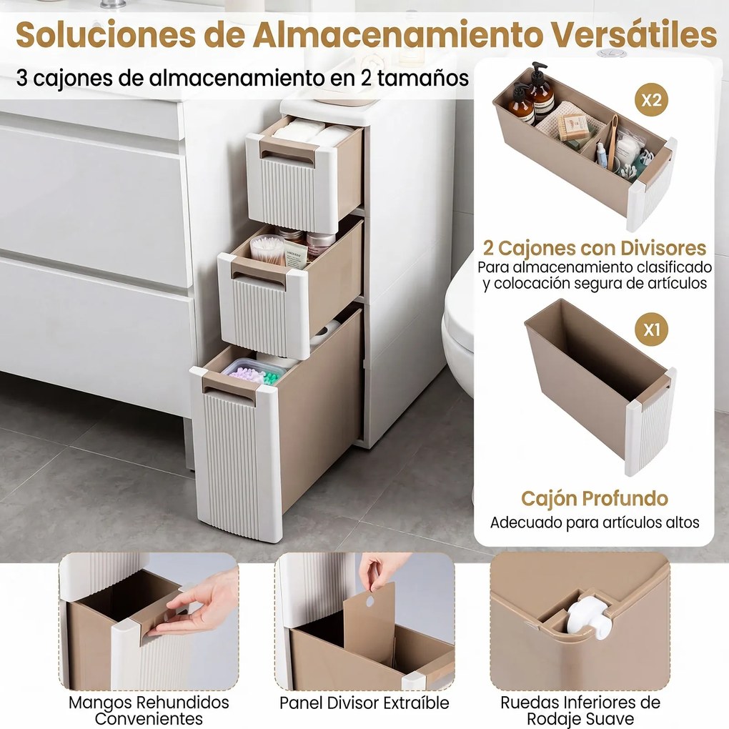 Móvel de Arrumação Estreito com 3 Gavetas, 45,5 x 18 x 76 cm, Com Rodas, Bege