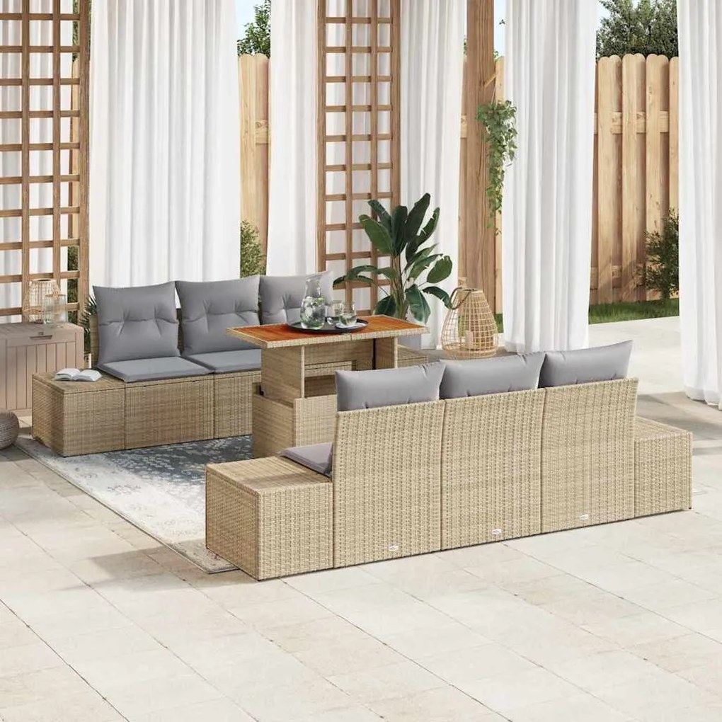 vidaXL Conjunto de Jantar de Jardim 7 Peças com Almofadas Beges, em Rattan e Polipropileno Acácia