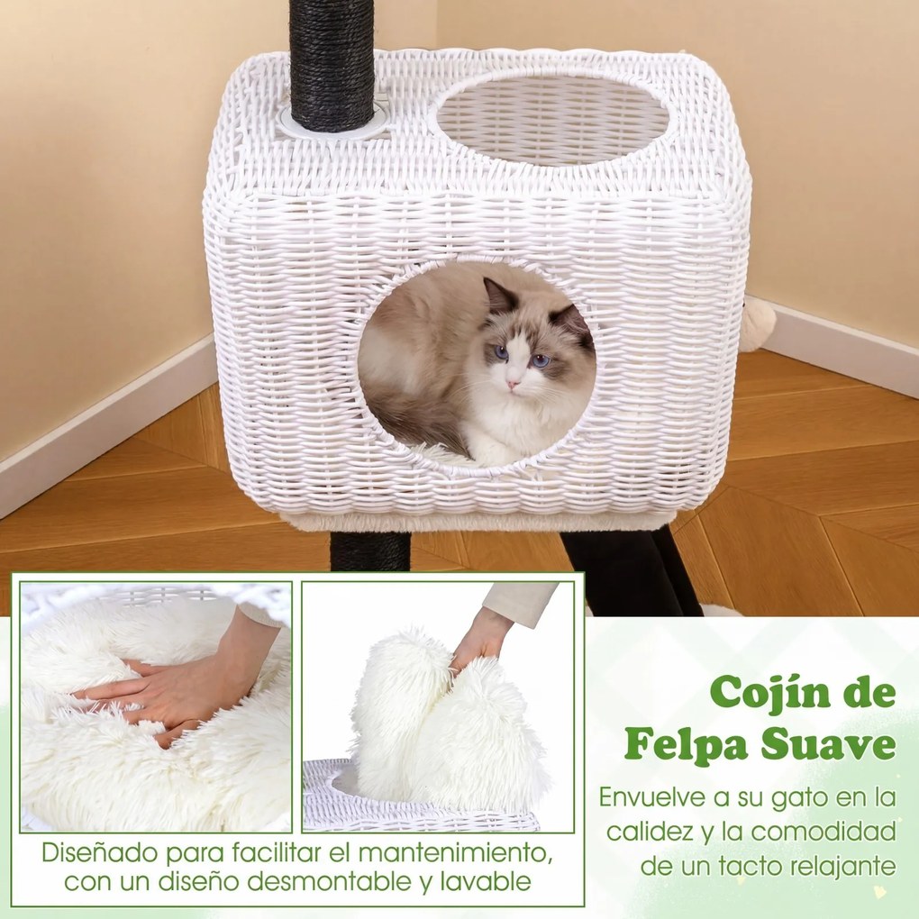 Arranhador para gatos 35,5 x 47 x 110 cm em rattan PE com postes de sisal, almofada felpuda, bola suspensa, 2 entradas, casinha em forma de cordeiro,