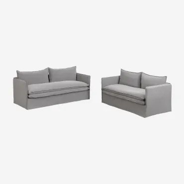 Conjunto De Sala Com Sofá De 2 Lugares E Sofá De 3 Lugares Em Linho E Algodão Grace Tecido Cinzento Escuro - Sklum